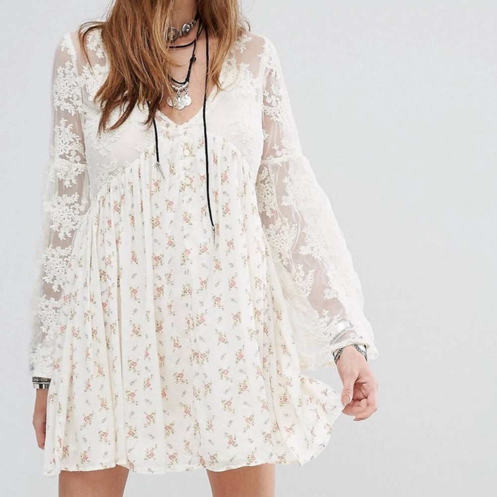 Denim & Supply Floral Mini Lace Ivory Bell Sleeve V Neck Dress